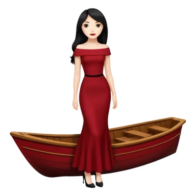 Chica blanca ,ojos marrones, vestido granate muy largo sexy escote tipo barco,  cuerpo entero pelo negro y largo zapatos negros tacon sticker