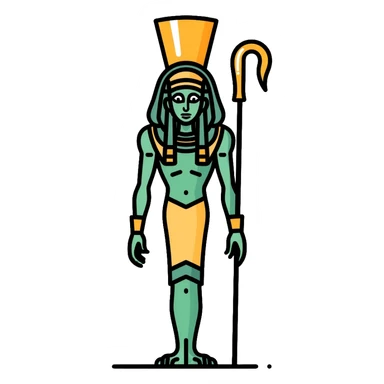 Egyptian god Osiris with green skin, Atef crown, mummified body, holding crook and flail sticker