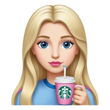 Long blonde grey highlighted with blue gray eyes sipping one Starbucks coffee. She has bushy eyebrows and pink lips  sticker