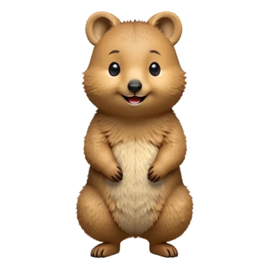cinematic-quokka-realistic-full-body-standing-emoji,-small-round-frame-balanced-on-tiny-strong-hind-legs,giant fluffy cheeks large smile-fluffy-brown-fur-radiating-a-warm-softness,-big-round-eyes-filled-with-joy-and-innocence,-tiny-clawed-paws-held-close-to-chest,-cheerful-smile-exuding-endearing-happiness,-simplified-yet-realistic-focused-features,-highly-detailed,-glowing-with-a-sunny-warmth sticker