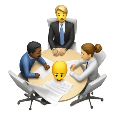 An emoji showing 3 people (2 males, 1 female) sitting at a round table with a laptop and papers, discussing about AI in a collaborative and professional way. sticker
