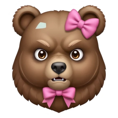 portrait bust-up of an angry bear wearing a pink bow sticker