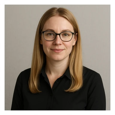 maestra de cabello rubio liso, piel clara, con gafas, fondo neutro sticker