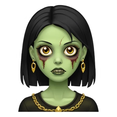 Faça uma zombie mulher bonita verde com olhos castanhos cabelos pretos liso com estilo y2k e ouro sticker