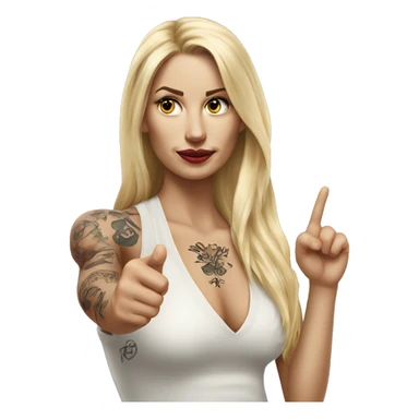 Blonde elegant women with LONG HAIR, her Body Covered with Tattoos, POINTING YOU FORWARD with her HAND with INDEX FINGER, Hyper realistic sticker