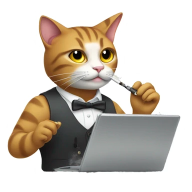 A cat smoking a vape while doing work tirelessly sticker
