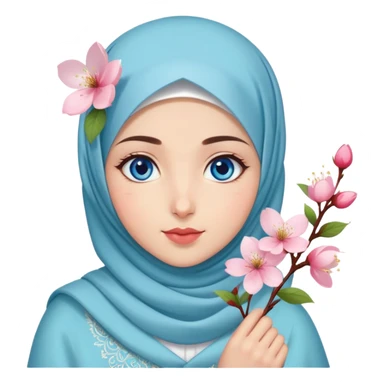 Turkish beautiful finish Konya girl blue eyes with hijab islamic dress and had on her hand cherry blossom sticker
