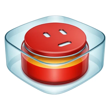 A big red round button under a square-shaped glass lid sticker