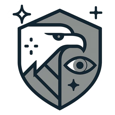 modern minimalistic logo for defense intelligence agency-inspired organization, geometric shield with stylized eagle head, digital star motifs, abstract eye elements, dark blue gray metallic silver colors, clean bold futuristic conveying security intelligence authority sticker