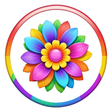 A round 3D style psychedelic colored button with a large rainbow colored flower in the center sticker