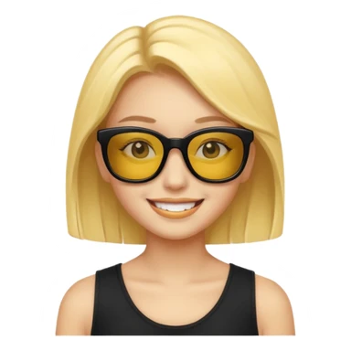 girl with black rectangular sunglasses, smiling, yellow face sticker