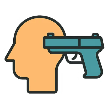 symbolic icon of a head with a gun next to it, minimal, no graphic violence, flat colors sticker