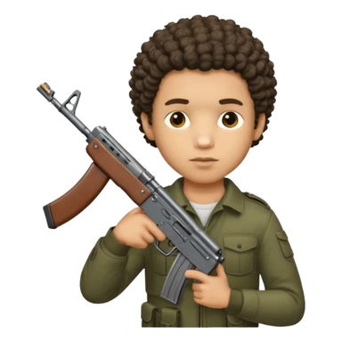 AK47 in hand, light skin male with shortest curly hair  some cuts on the face  sticker