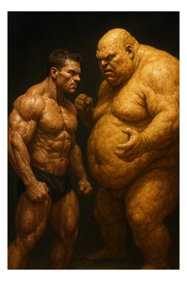 realistic scene of a muscular bodybuilder confronting personified body fat as an adversary, intense atmosphere, detailed natural features, 2:3 aspect ratio sticker