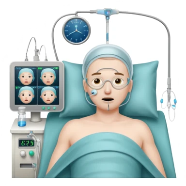 a PATIENT waking up before a surgery, with monitors and nasal canula sticker