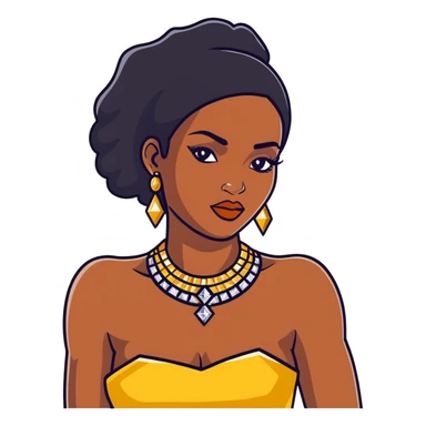 beautiful, curvy African American woman with dark brown skin, straight black hair, bold makeup, gold jewelry, diamonds, confident pose, inspired by Bratz doll sticker