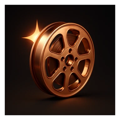 film reel floating in space with a warm copper-colored star behind it, stylized illustration, glowing copper star, deep space background sticker