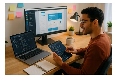 A programmer working with both a tablet and a laptop, modern workspace, digital tools visible, energetic and creative vibe. sticker