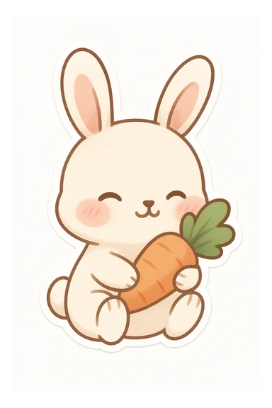 chibi sticker of a blushing bunny holding a carrot, pastel colors, white background sticker