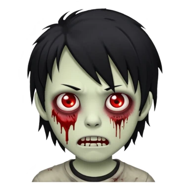 Boy, zombie, black hair, medium long, emo, shaggy, dark, spooky, creepy expression emoji And red eyes and blood on teeth sticker