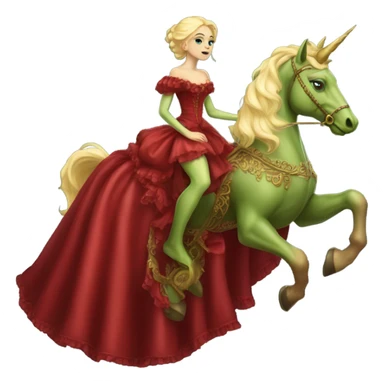 "galora green blonde alien woman" in red Victorian elegant dress, full body, rides unicorn gold
NO WOKE
 sticker