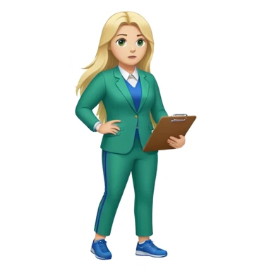 Full Body white plus size female basketball head coach using a clipboard with long blonde hair in a blue and green suit sticker