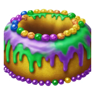 Realistic round bundt glitter icing king cake isolated with Mardi Gras beads layer across the top of the cake.  sticker