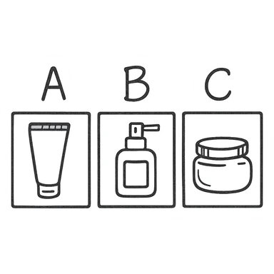 three boxes with "A", "B", "C" labels, inside those boxes there are some beauty products sticker