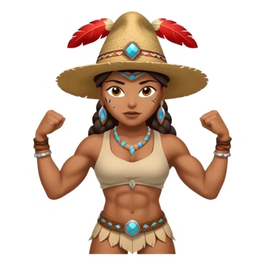 native american brown skin sexy girl, flexing muscles, full body, muscled, with traditional outfit and hat sticker