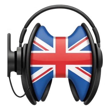 Minimalistic flat vector icon, iOS style, thin black contour on white background. Ear icon with sound waves and small UK/USA flag symbol. Clean, no text, no shadows sticker