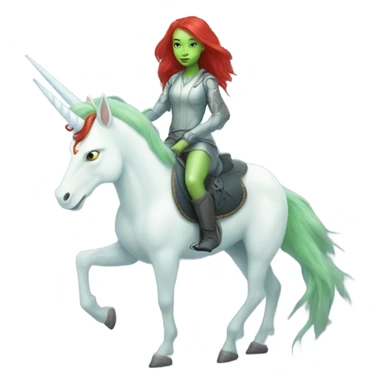 [politically incorrect
	{ woman: alien, color: light green, hair:red, eyes:cat} ]
	on a 
	[{ unicorn: white, legged:four, mane: light blue }] sticker