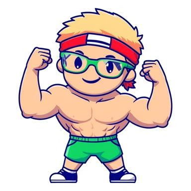 Skinny man with black and white cap, thin bare torso, red shorts, clear glasses, messy light blond mullet hairstyle, smiling and attempting to flex nonexistent muscles sticker