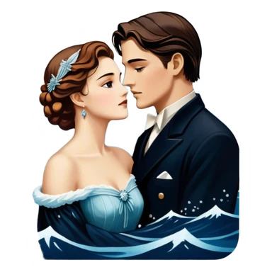 Icon for Titanic Movie: A vintage movie poster-style design featuring a dramatic scene of the ship, the iceberg, and a romantic silhouette of the main couple. Include elements like the ship’s bow, water splashes, and a starry sky in the background. Retro cinematic feel. Transparent background. sticker