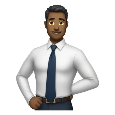 A modern man white shirt and  navy blue tie showing one finger  sticker