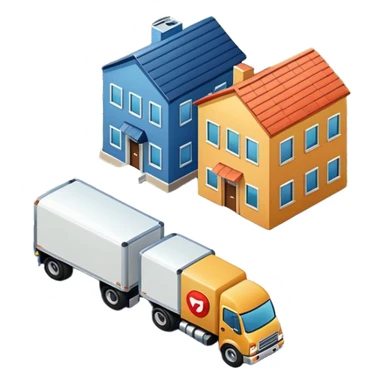 top view of a truck, package, company building, and house side by side, connected by street lines, clear layout, apple emoji style sticker
