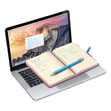 top view of a MacBook and a notebook with a pen nearby, notebook with visible notes sticker