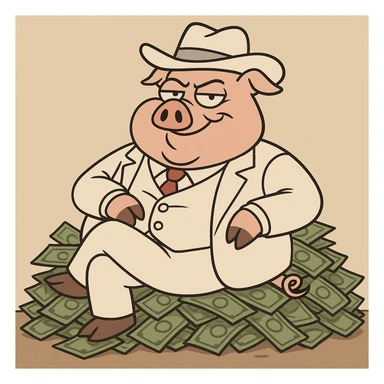 boss hog piggy, sitting on a pile of money, smirking, cartoon style sticker