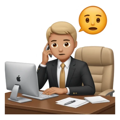 A man in corporate attire sitting at a desk, looking stressed while working on a computer sticker