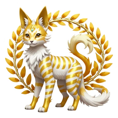 Epic complex fantasy glorious detailed futuristic divine godly angelic feathery sunny, white, albino, pastel, golden, orange glowing sparkly, realistic Fakémon-Sprigatito-Floragato-Meowscarada-Trico-Sergal-Serval-Solgaleo-Vernid-creature (full body) solarpunk, shiny sparkly with gold wreaths sticker