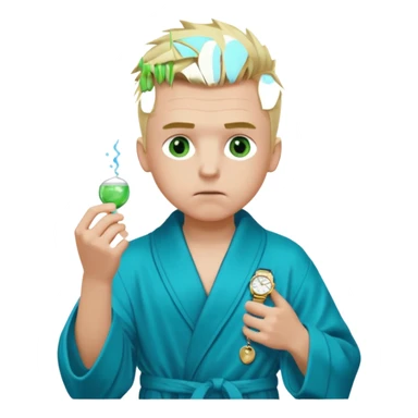 A white man with green eyes, medium-length blond hair in a low mohawk, wearing a blue Cartier watch on his wrist and a luxurious black and white bathrobe, appearing to be about 14 years old, with messy hair and a white pacifier in his mouth. sticker