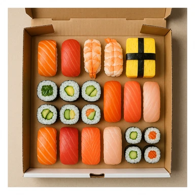 top-down view variety of sushi pieces in a pizza delivery box sticker