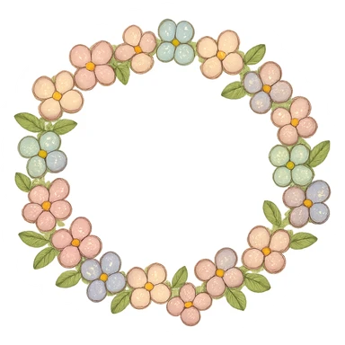 a floral wreath made of small pastel flowers with a few green leaves, Japanese hand-drawn, full object, transparent background sticker
