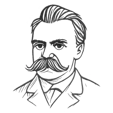 a hand drawn black outline portrait of philosopher Friderich Nietzsche with similar-sized eyes based a famous portrait of him sticker