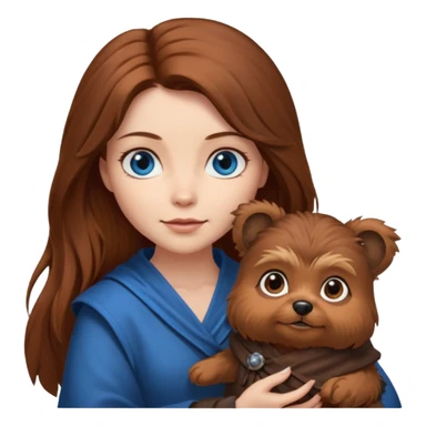 long hair chestnut color blue eyes woman holding small ewok dog sticker