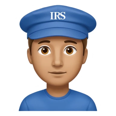 a man dressed in blue with a cap on that says IRS sticker