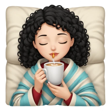 Gözleri kapalı, beyaz tenli ve kıvırcık siyah saçlı saç boyu orta omuzlarında bir kadın avatar, battaniyeye sarılmış halde beyaz bir Türk kahvesi fincanından içeceğini huzurla yudumluyor. sticker