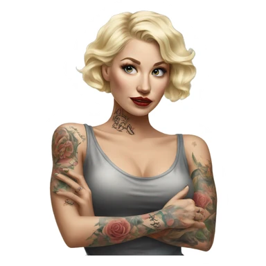 Blonde elegant women, her Body Covered with Tattoos, POINTING YOU with her ONE HAND , Hyper realistic sticker