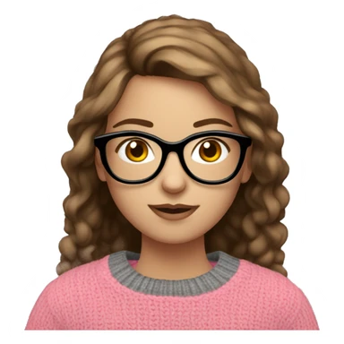 Russian Girl with brown hair and black glasses frame and pink sweater is working behind laptop sticker