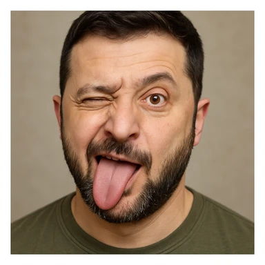 Vladimir Zelensky, photorealistic, emoji style, making a playful silly face sticker