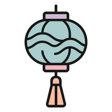 Chinese lantern with wave pattern and tassel, thin clean outlines, soft rounded shapes, pastel palette #98B5BC, #B5B3C1, #C9A3C9, #E4C0CA, #F7DCD1, #F7C0AA, modern Japanese pop art and sticker aesthetic, detailed shadows and highlights, soft lighting, transparent background sticker